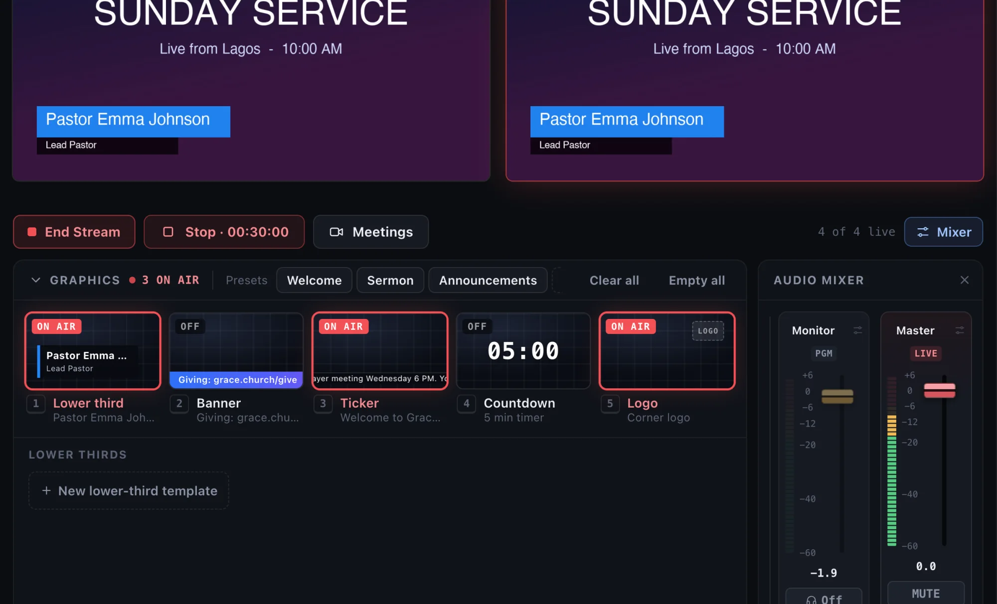 StreamPort graphics: lower third, banner, ticker, countdown and logo with on-air tallies