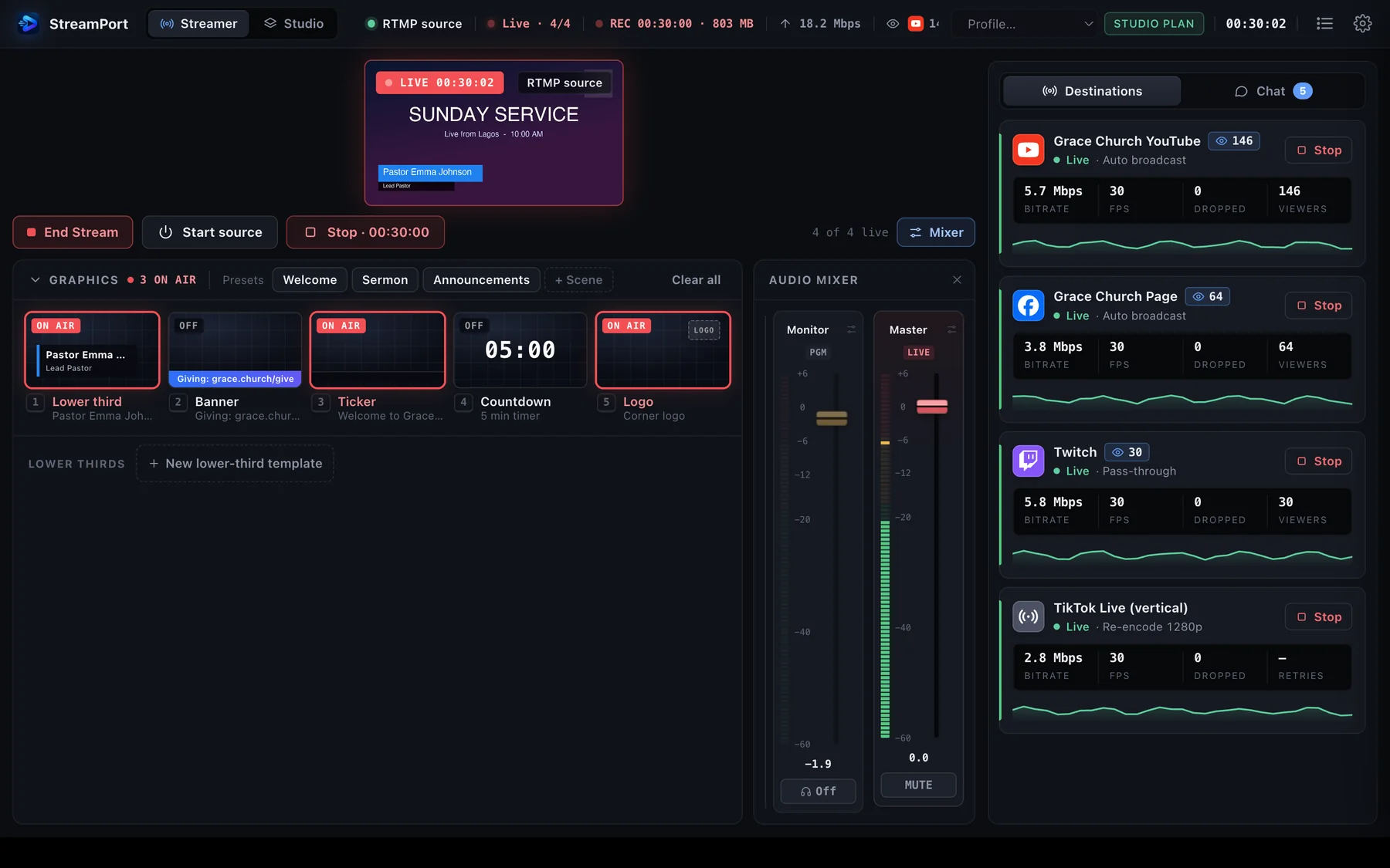 The streamer view with destinations, health stats and the mixer