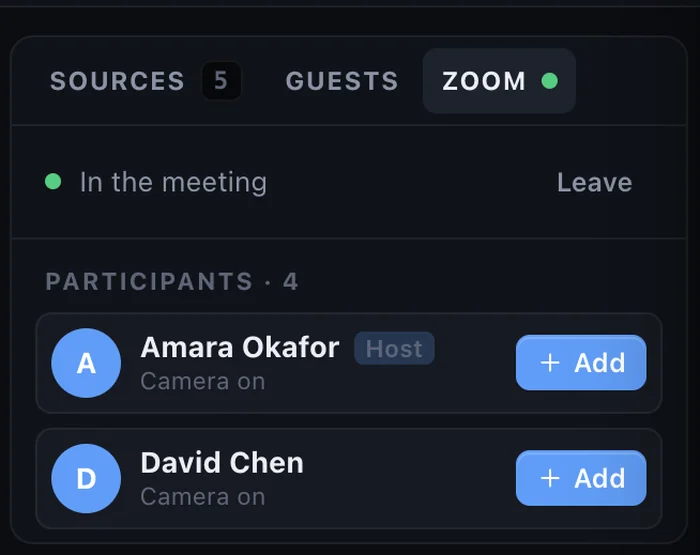 Zoom participants as sources in the StreamPort Studio